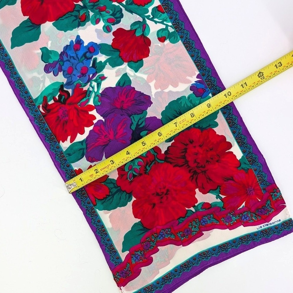 Rare Liz‎ Claiborne Vintage Floral Silk Scarf Red Purple White Paisley Border - Picture 7 of 7
